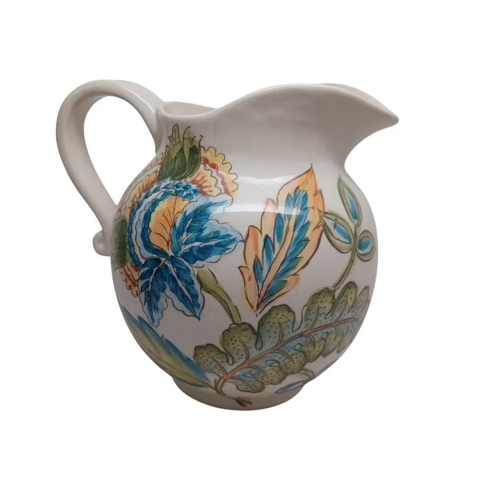 Maxcera Blue Vanilla Chintz Floral Ceramic Pitcher Hand Painted White Blue Green